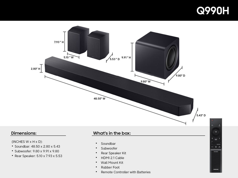 Samsung Q-Series HW-Q990H 11.1.4ch Dolby Atmos Soundbar with Wireless Subwoofer and Rear Speakers - Black | HW-Q990H/XU