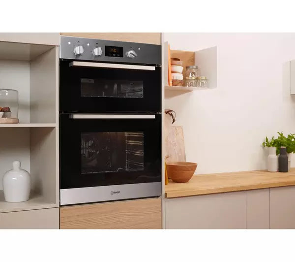 Indesit Aria Integrated Electric Double Oven, Stainless Steel | IDD6340IX