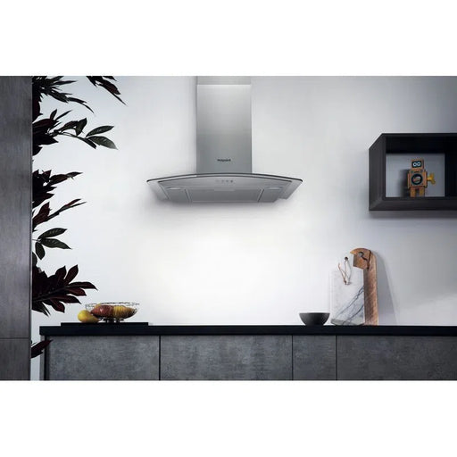 HOTPOINT 60CM Curved Glass Cooker Hood - S/STEEL - Grey | PHGC64FLMX