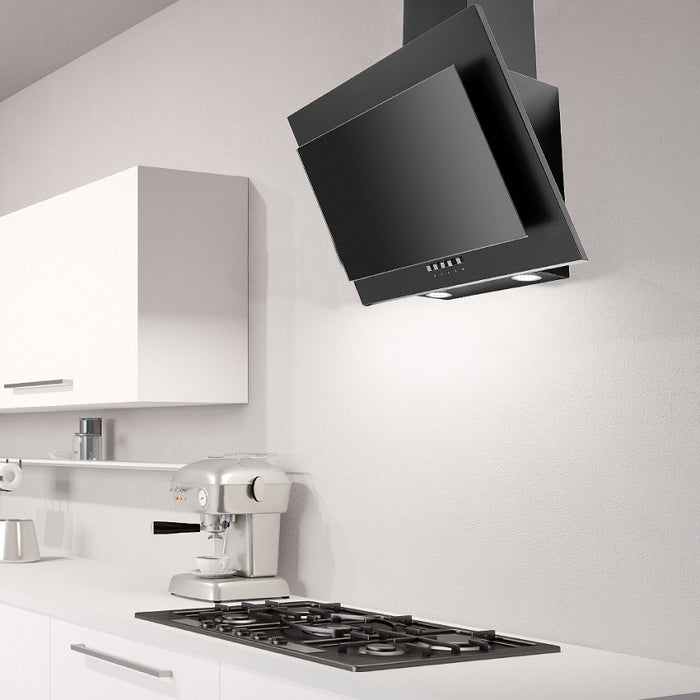 LUXAIR 60cm Angled Cooker Hood in Black with Black Glass Centre Panel | LA-60-GALAXY-BLK