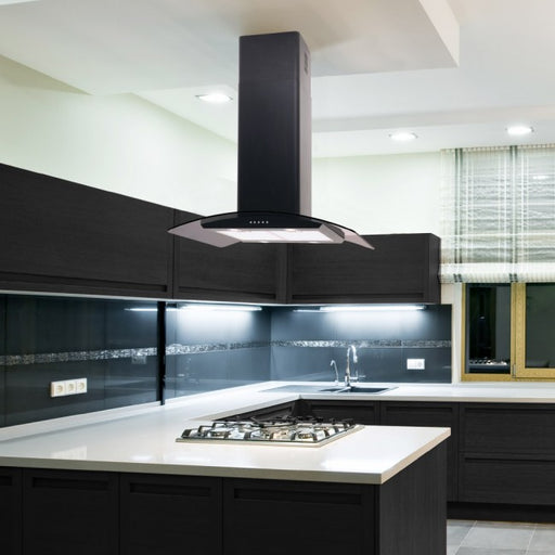 Luxair 70cm Curved Glass Island Cooker Hood - Black with Smoked Black Glass || LA-70-CVD-ISL-BLK