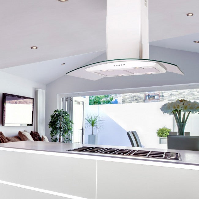 Luxair 90cm Curved Glass Island Cooker Hood - White with Smoked Black Glass | LA-90-CVD-ISL-WHT