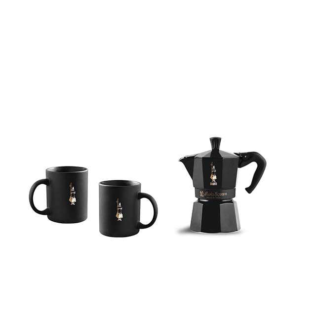 BIALETTI Moka Express Hob Espresso Coffee Maker & 2 Mugs - Black Star Edition Gift Set | EDL 3539