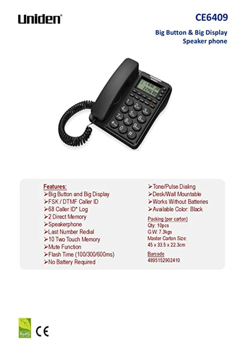Uniden 6409 Speaker Corded Phone - Black | CE6409B