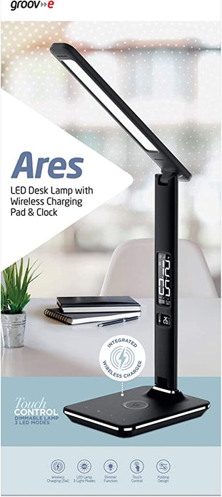 Groov-e GVWC04BK ARES LED Desk Lamp with Wireless Charging Pad & Clock - Black | EDL GVWC04BK