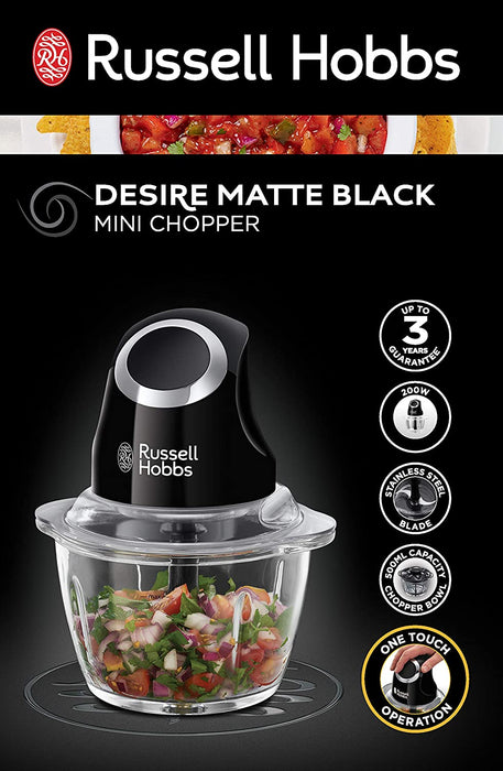 Russell Hobbs Desire Mini Chopper, 500ml Capacity Glass Bowl - Matte Black | 24662