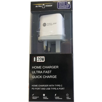 UltraPower 20W Home Charger with Type-C PD Port & USB Type-A Port - White | AC21202