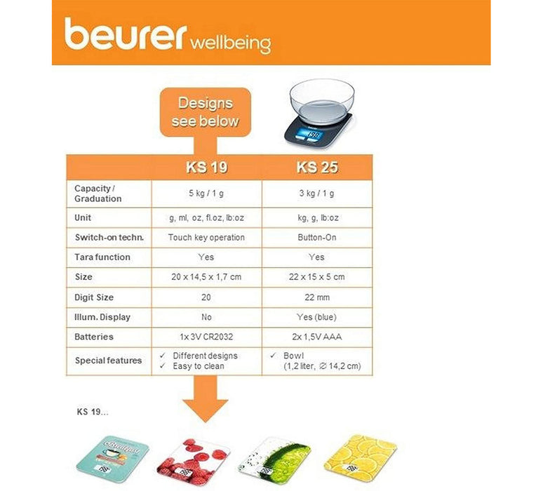 Beurer Multi-function Digital Kitchen Scale, Food Scale, Digital Display, KS19