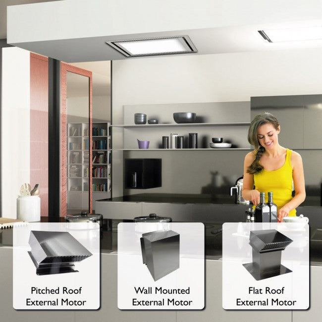 LUXAIR 60cm x 60cm Premium Ceiling Cooker Hood with Illuminated Centre Panel and Pitched Roof External Motor | LA-60-TOLVI-EXT-SS