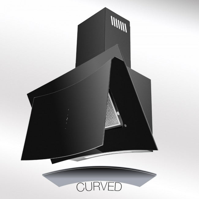 LUXAIR 90cm Designer Angled Curved Black Glass Cooker Hood with LED Strip Light | LA-90-CURVA-BR-BLK