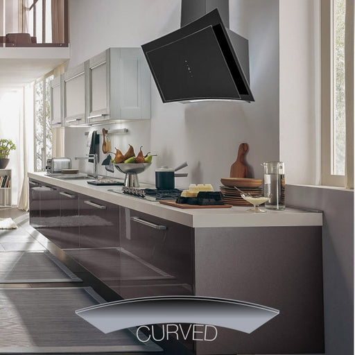 LUXAIR 90cm Designer Angled Curved Black Glass Cooker Hood with LED Strip Light || LA-90-CURVA-BR-BLK