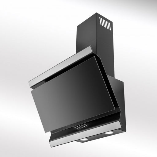 LUXAIR 90cm Angled Cooker Hood in Black with Black Glass Door and Stainless Steel Decorative Strips || LA-90-ISON-BLK