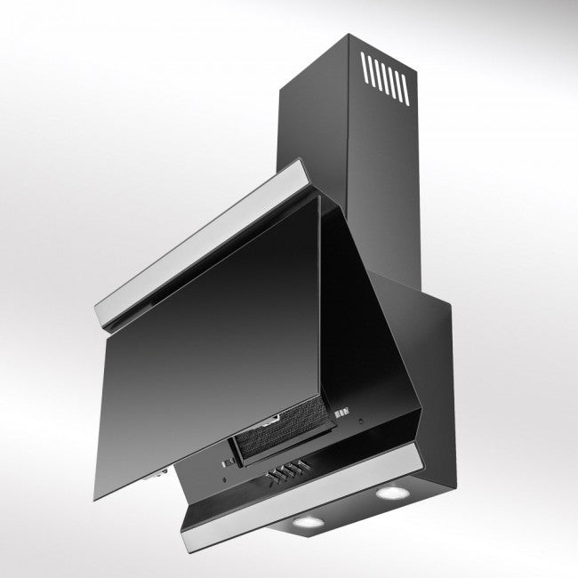 LUXAIR 90cm Angled Cooker Hood in Black with Black Glass Door and Stainless Steel Decorative Strips | LA-90-ISON-BLK