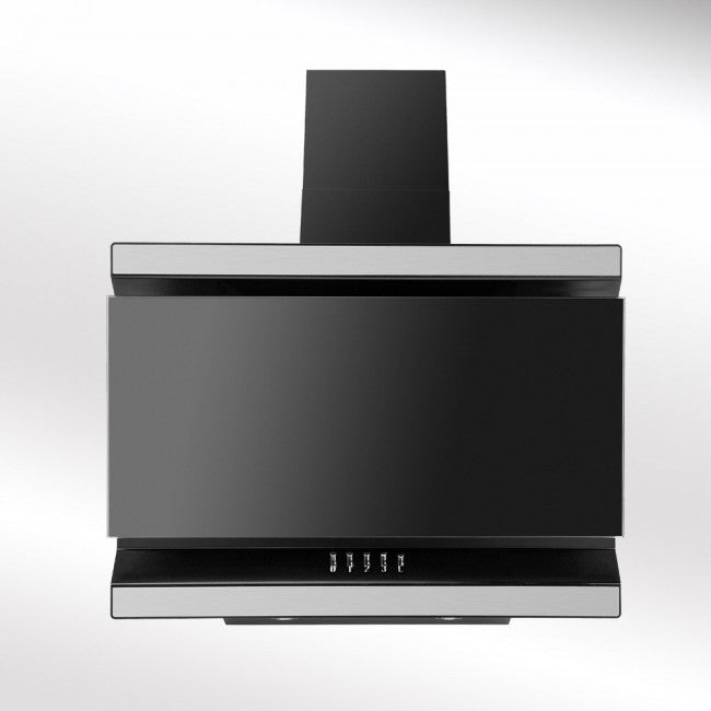 LUXAIR 90cm Angled Cooker Hood in Black with Black Glass Door and Stainless Steel Decorative Strips | LA-90-ISON-BLK