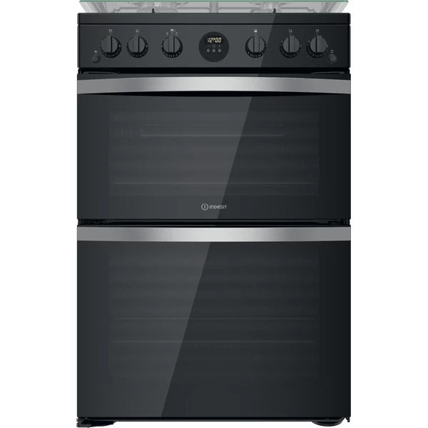 Indesit Gas Cooker With Double Oven and Glass Lid - Black | ID67GOMCBUK
